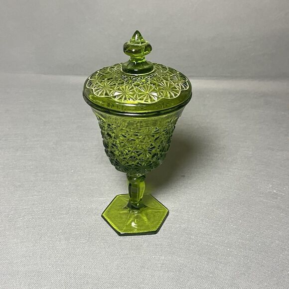 Vintage L.E. Smith Green Glass Candy Dish w/Lid Daisy And Button Footed Compote - Picture 10 of 10